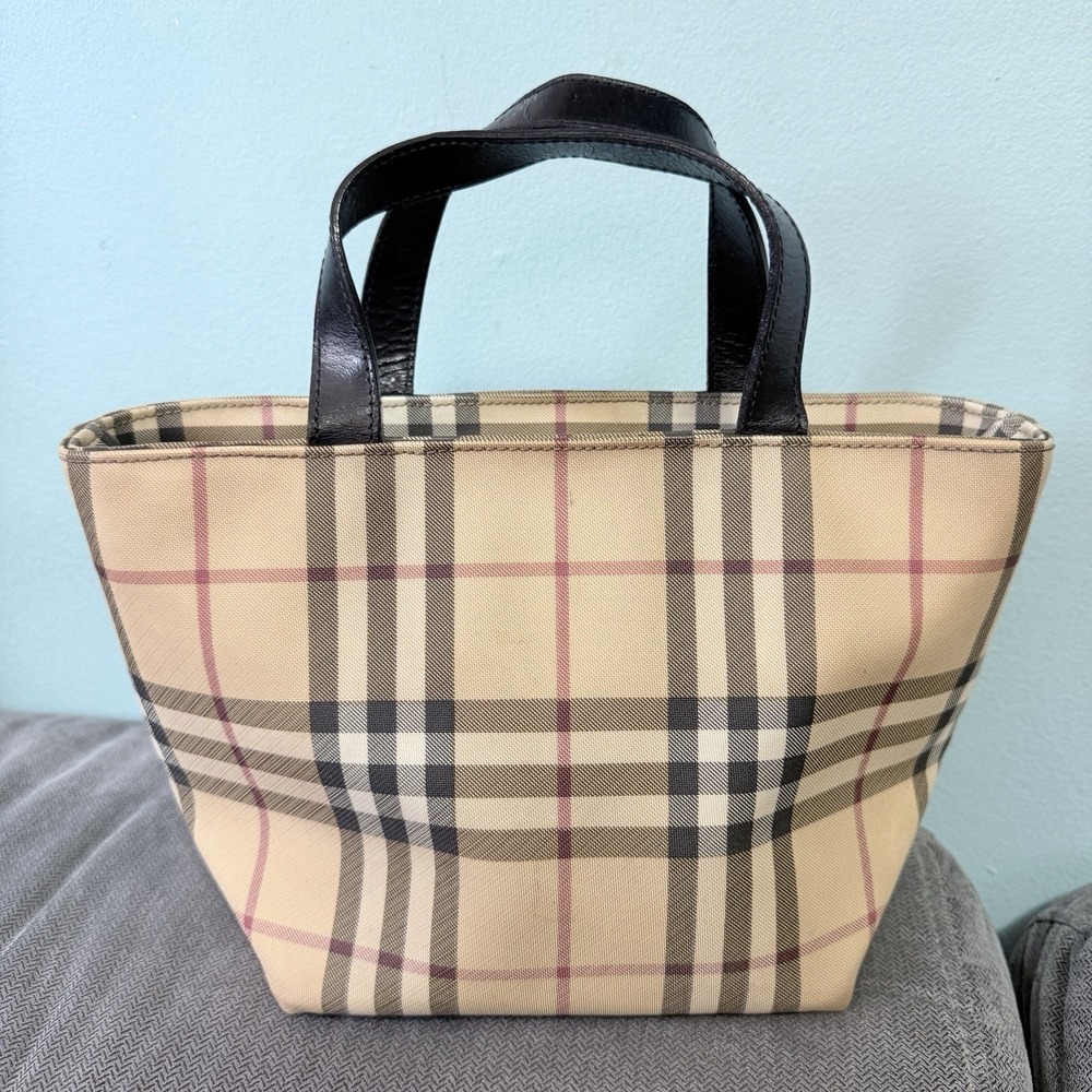 Burberry Nova Check Small Tote Bag Beige Black Leather Handle Zip Italy